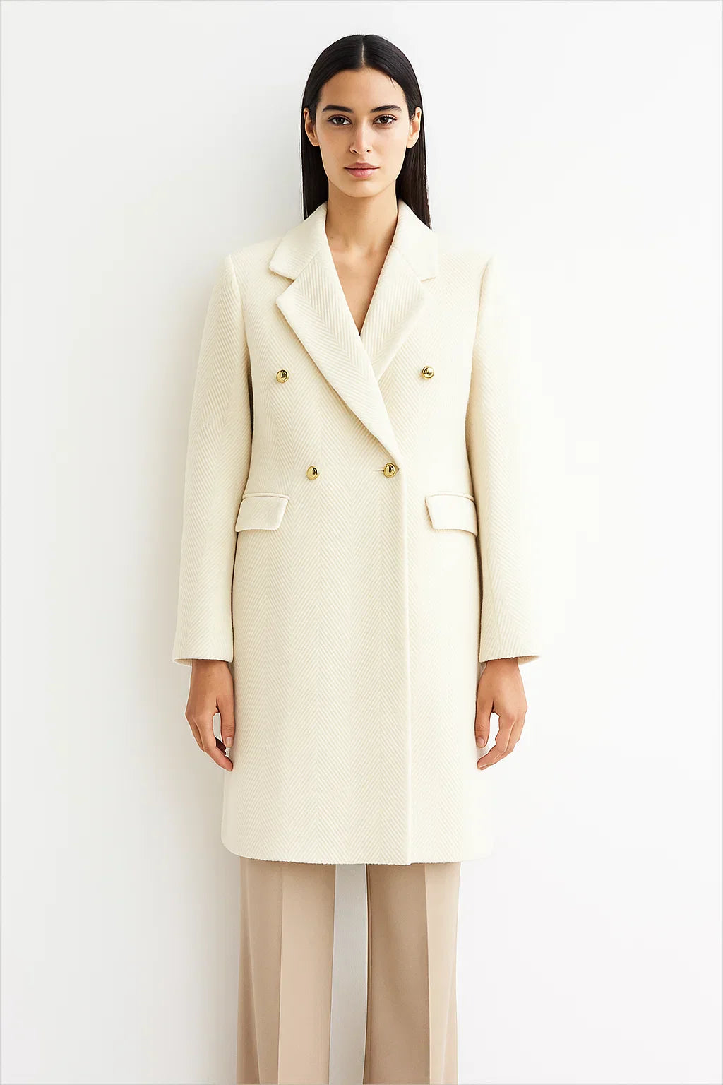 Manteau Long en Mélange de Laine | Tissage Chevron | Double Boutonnage Boutons Or