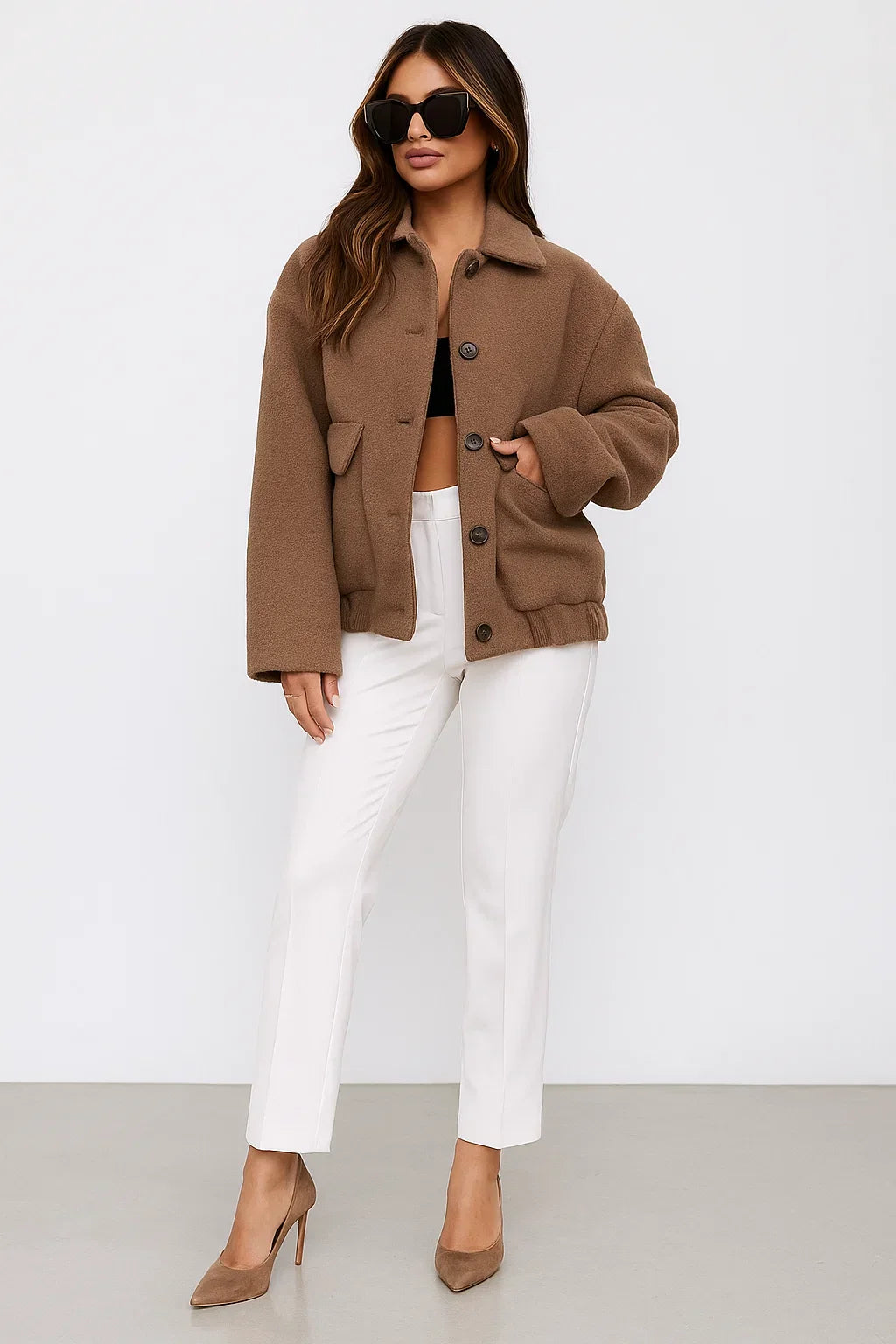 Veste courte en mélange de laine | Bas élastique | Simple boutonnage