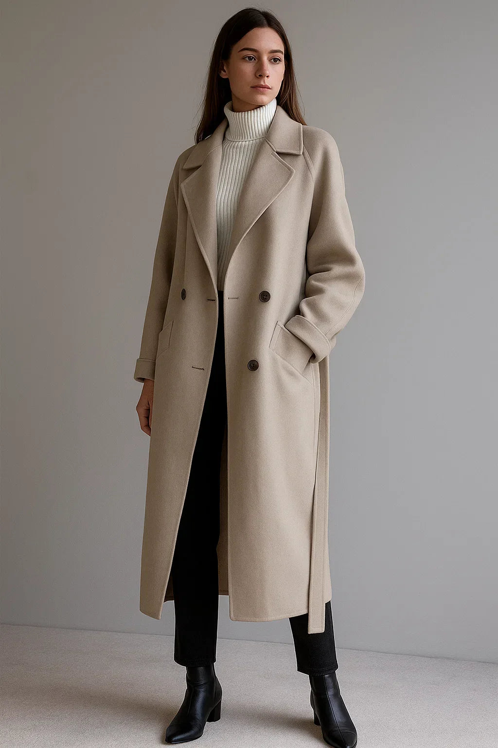 Manteau Long en Mélange de Laine | Coupe Oversize | Design Hiver Ceinturé