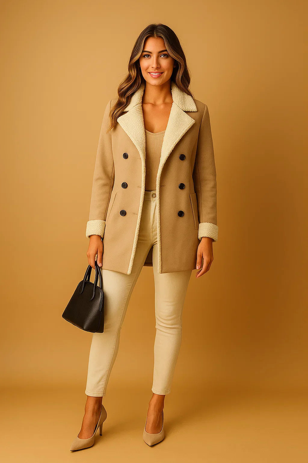 Manteau en Mélange de Laine Double Breasted | Col en Shearling | Vêtements d'Hiver