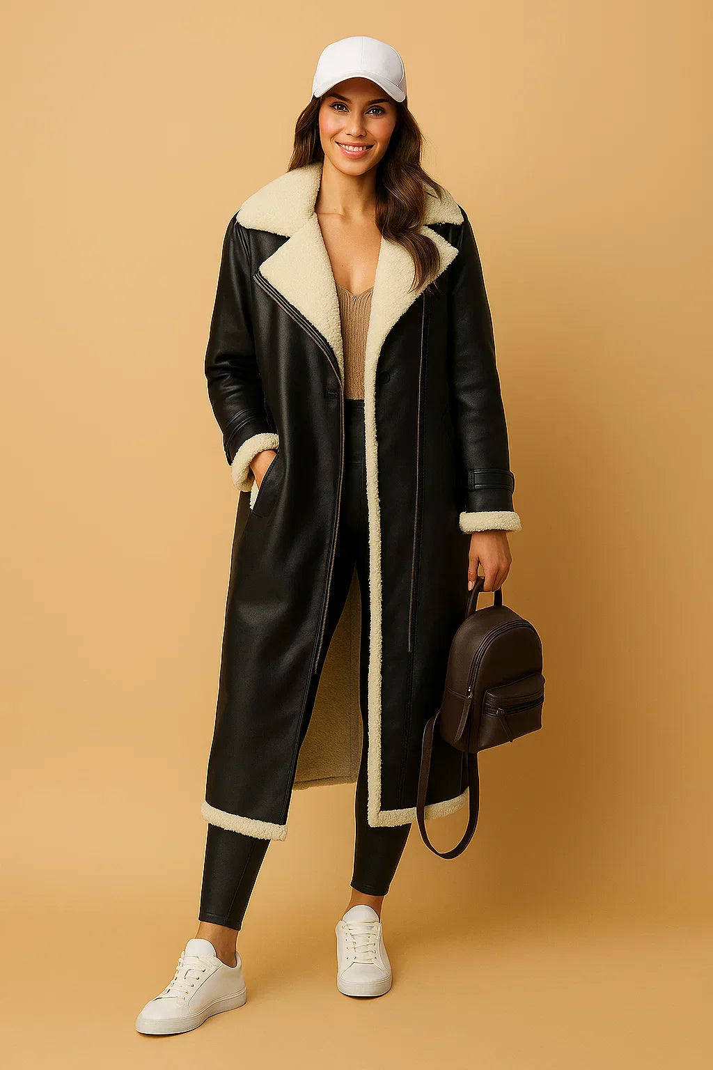 Manteau en Mélange de Laine Double Breasted | Col en Shearling | Vêtements d'Hiver