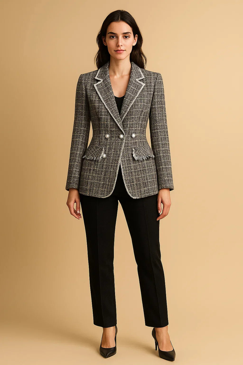 Blazer Tweed Double-Breasted | Boutons Perles | Coupe Structurée