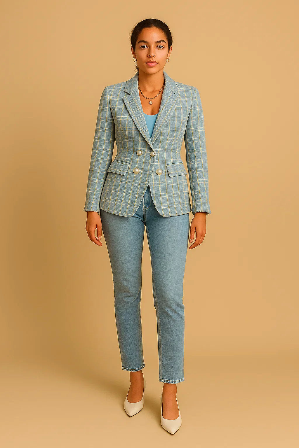 Blazer Tweed Double-Breasted | Boutons Perles | Coupe Structurée