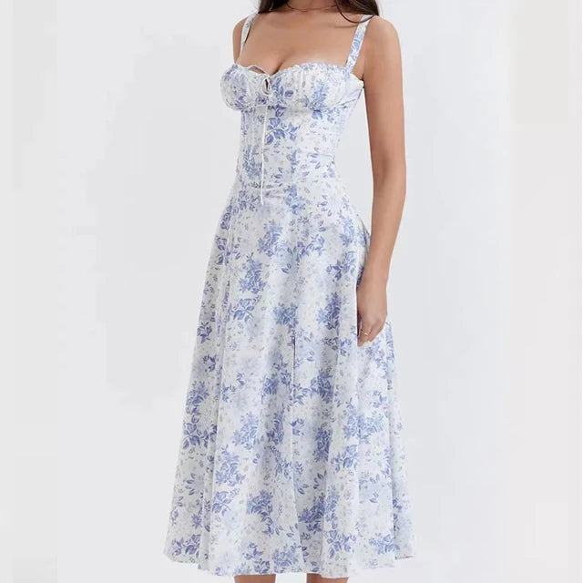 Robe Midi Florale Corsetée | Décolleté Coeur, Jupe Fendue, Bretelles Spaghetti
