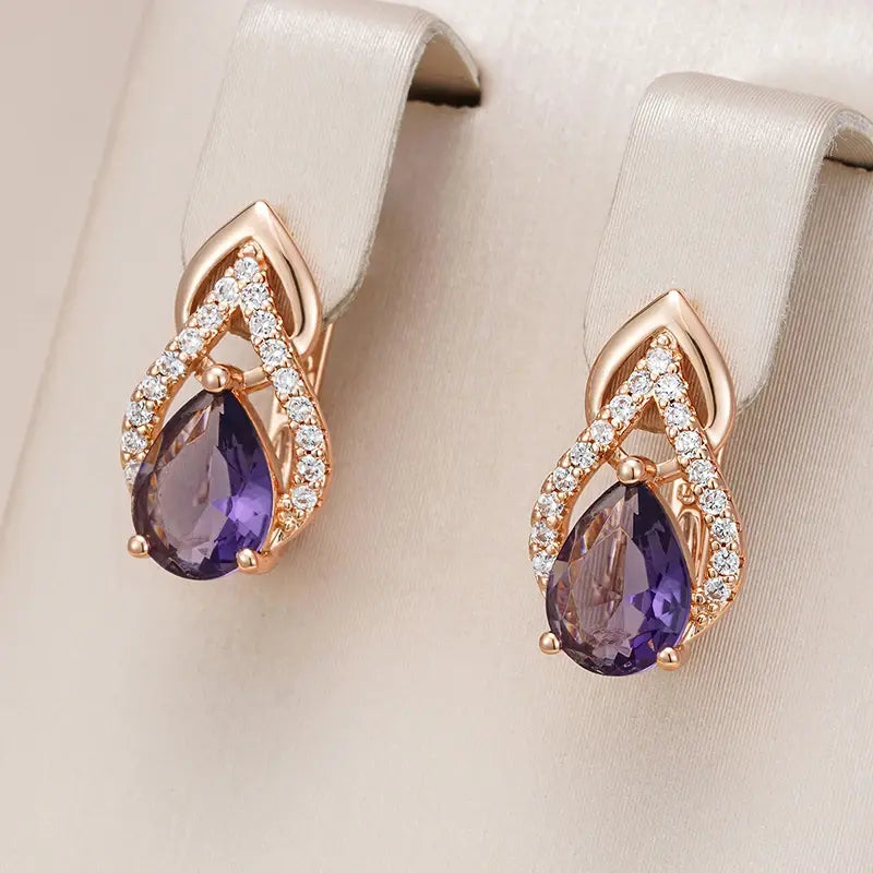 Boucles d'oreilles goutte en cristal d'améthyste | Finition or rose