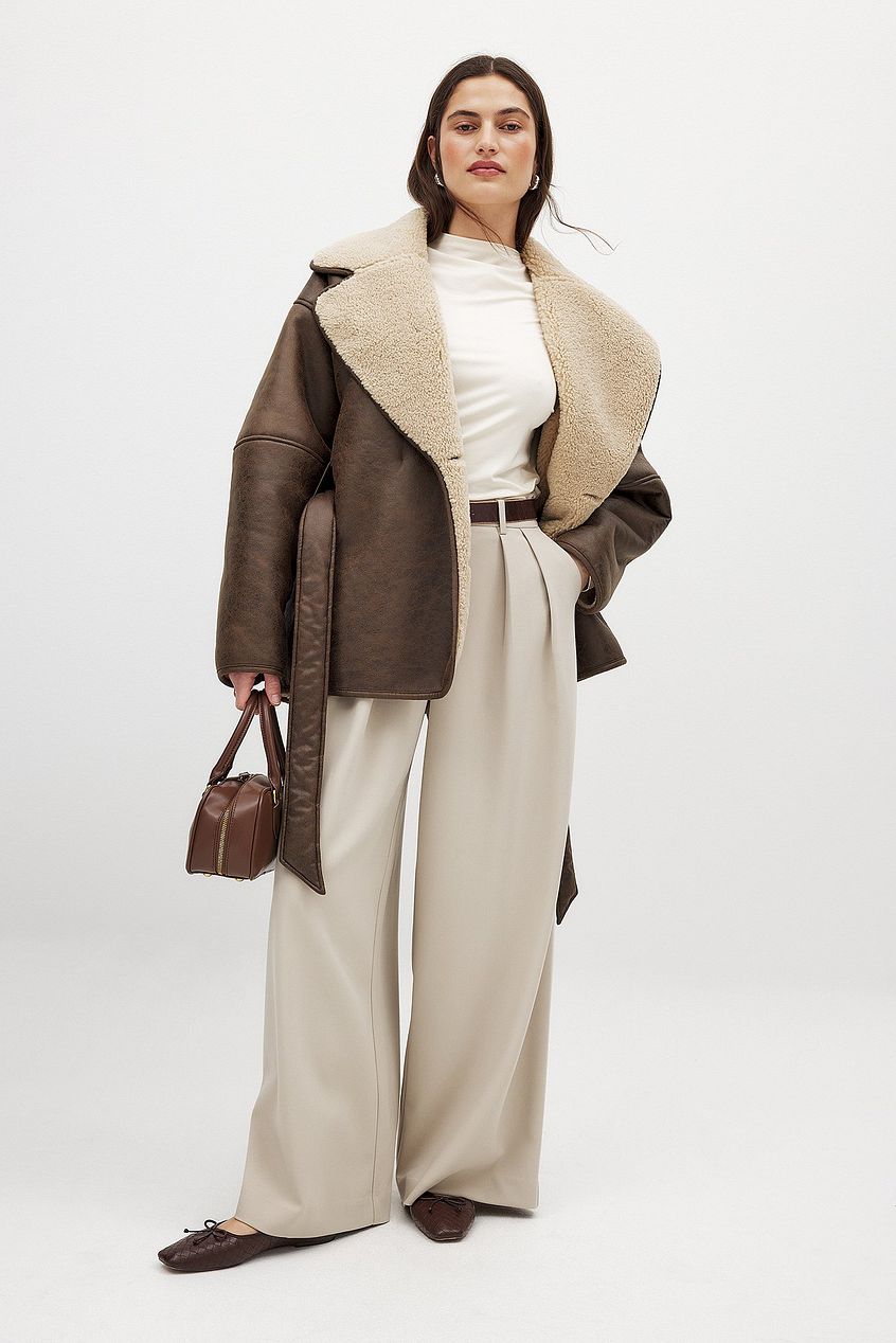 Manteau en faux shearling | Col Revers | Fermeture Éclair Latérale