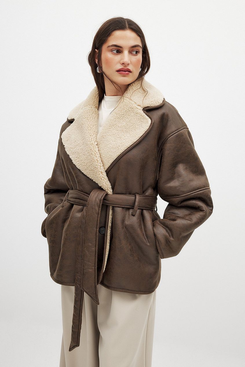 Manteau en faux shearling | Col Revers | Fermeture Éclair Latérale