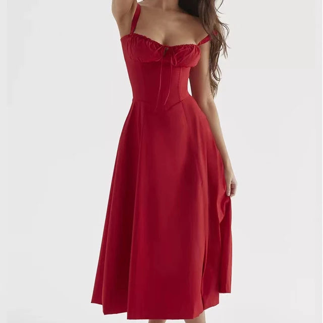 Robe Midi Florale Corsetée | Décolleté Coeur, Jupe Fendue, Bretelles Spaghetti