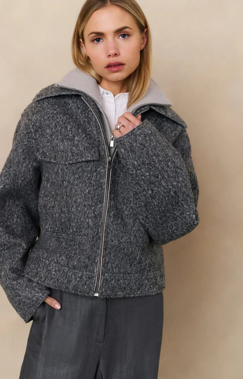 Veste Bouclée à Zip | Coupe Cropped | Gris