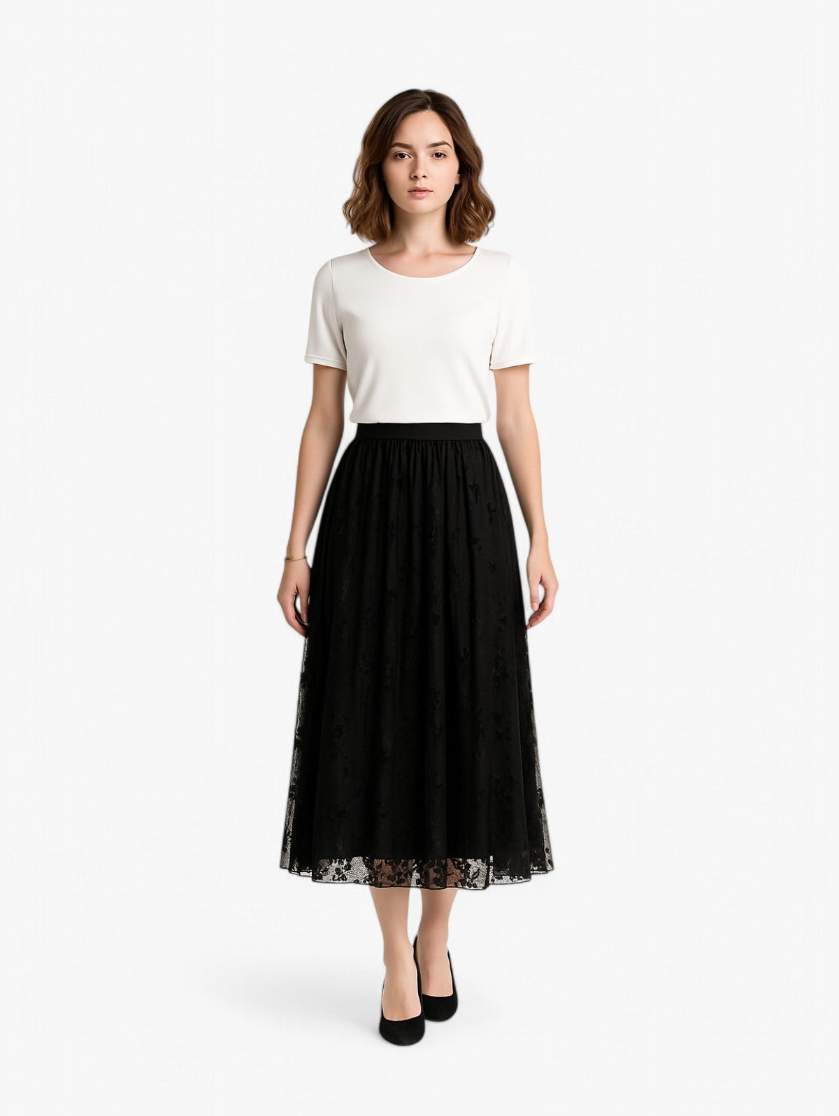 Jupe Midi Plissée | Superposition Mesh Floral | Silhouette A-line
