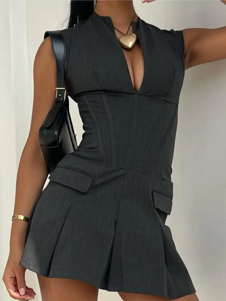 Robe Mini Structurée Minuit | Corset | Jupe Plissée | Col V