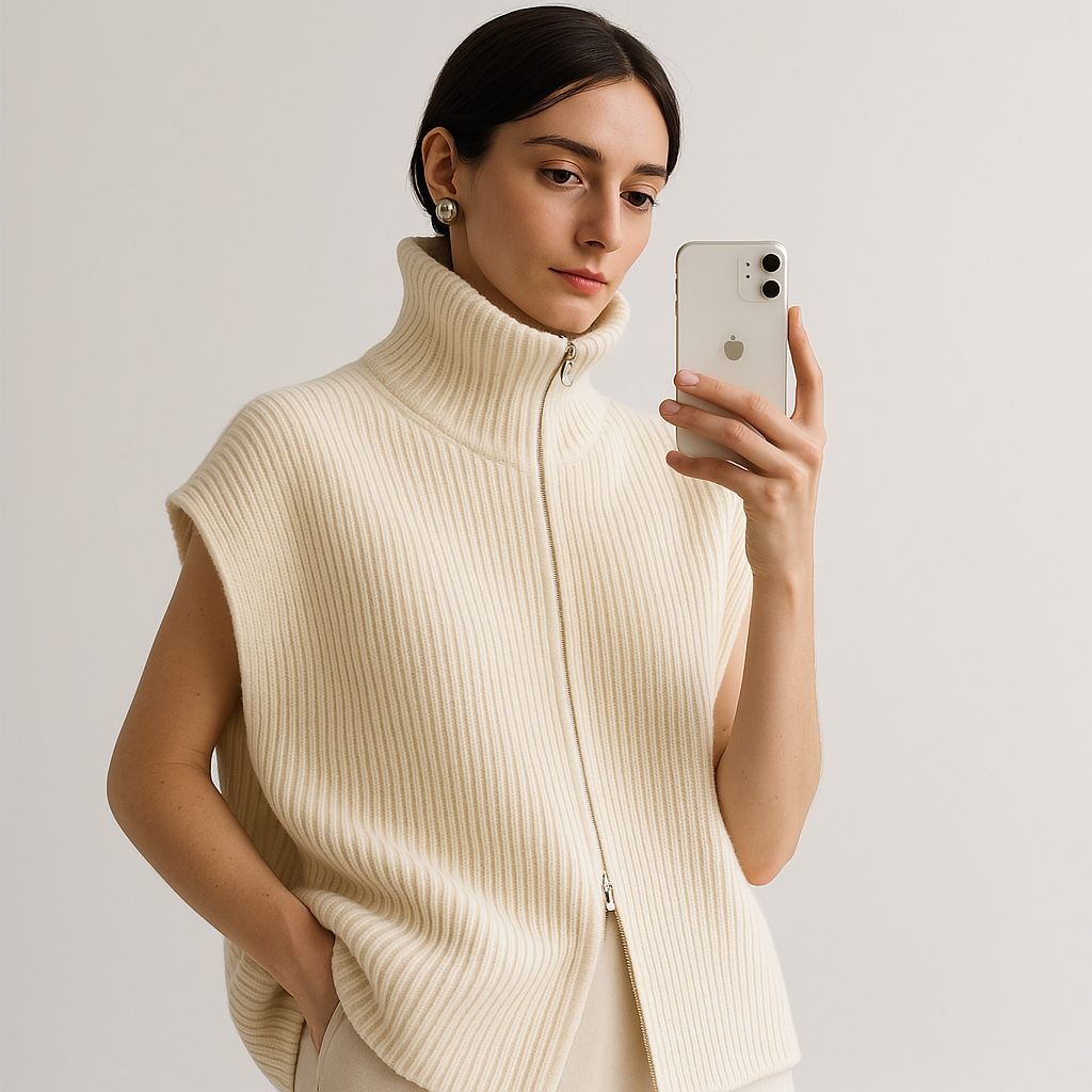 Gilet Zippé en Maille Ribée | Col Haut | Coupe Oversize