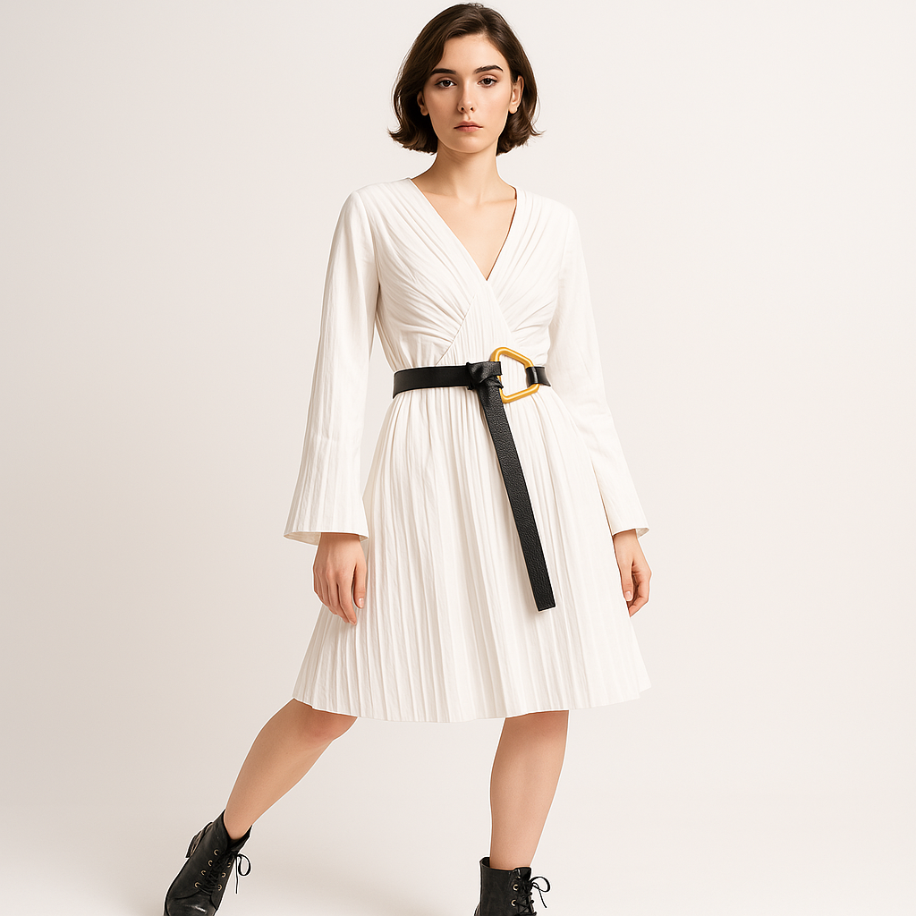 Robe Lina Plissée | Ceinture Contrastante Blanche | Élégance Moderne
