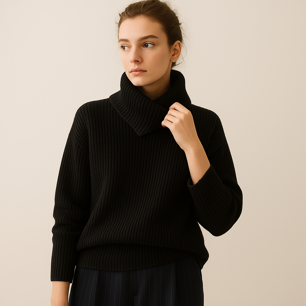Pull en Laine Ribbé | Col Montant Asymétrique | Coupe Relaxée