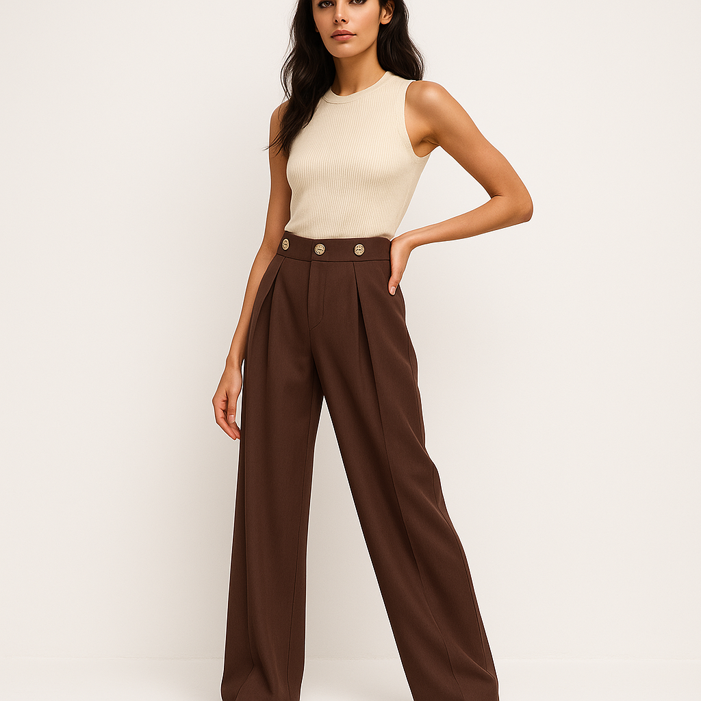 Pantalon Large Taille Haute | Détail Bouton Or | Silhouette Taillée Moderne