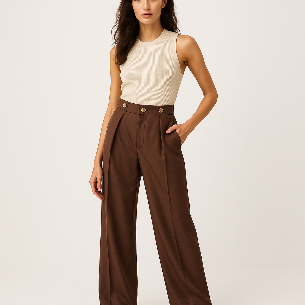 Pantalon Large Taille Haute | Détail Bouton Or | Silhouette Taillée Moderne