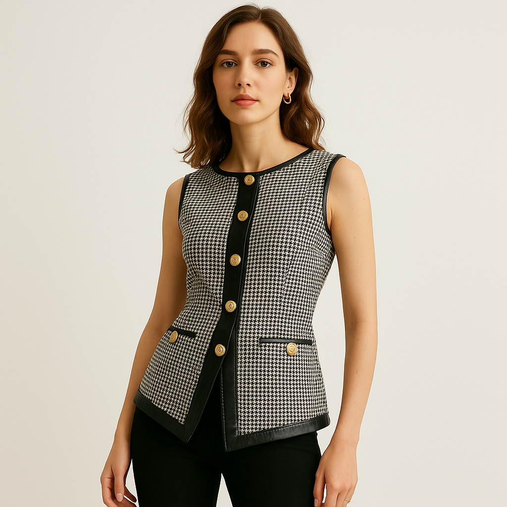 Gilet sans manches structuré | Motif pied-de-poule | Bord contrastant