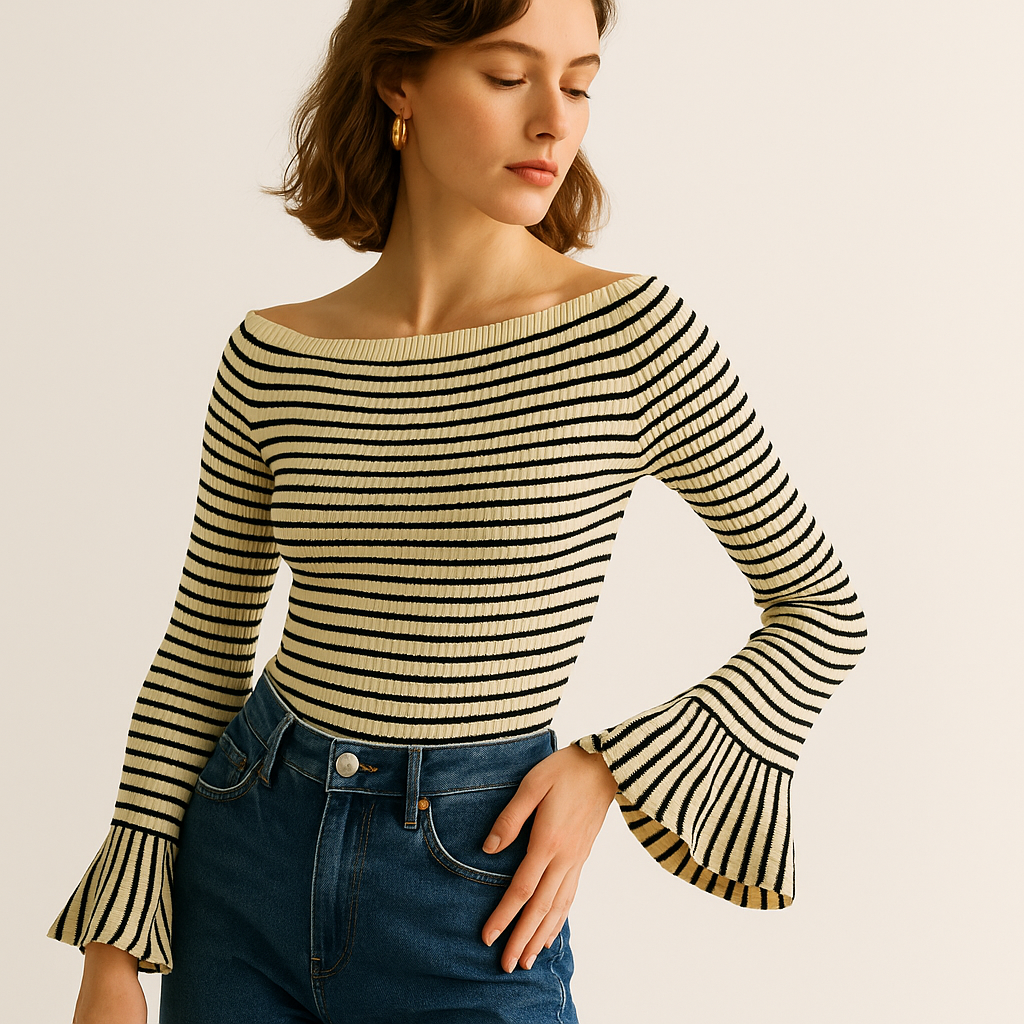 Haut Rayé en Maille Rib | Off-Shoulder | Manches Évasées