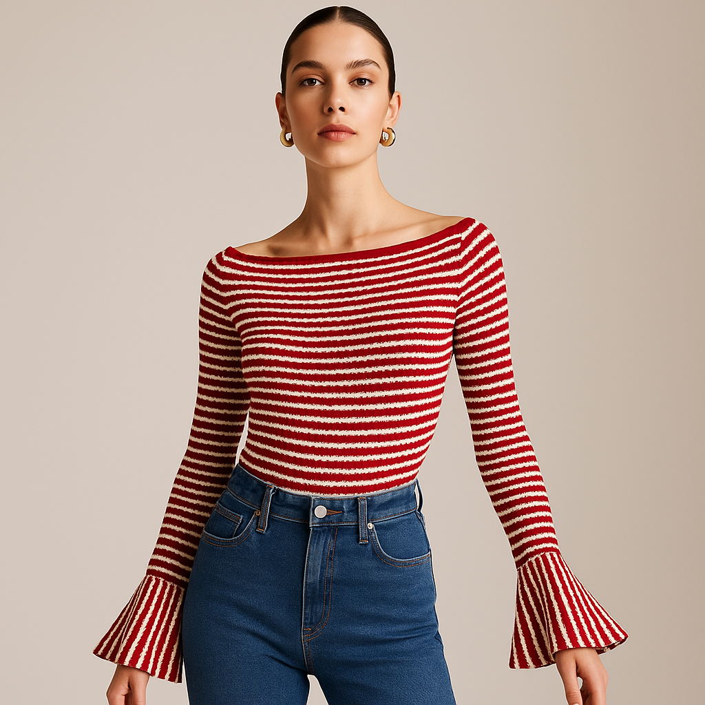 Haut Rayé en Maille Rib | Off-Shoulder | Manches Évasées