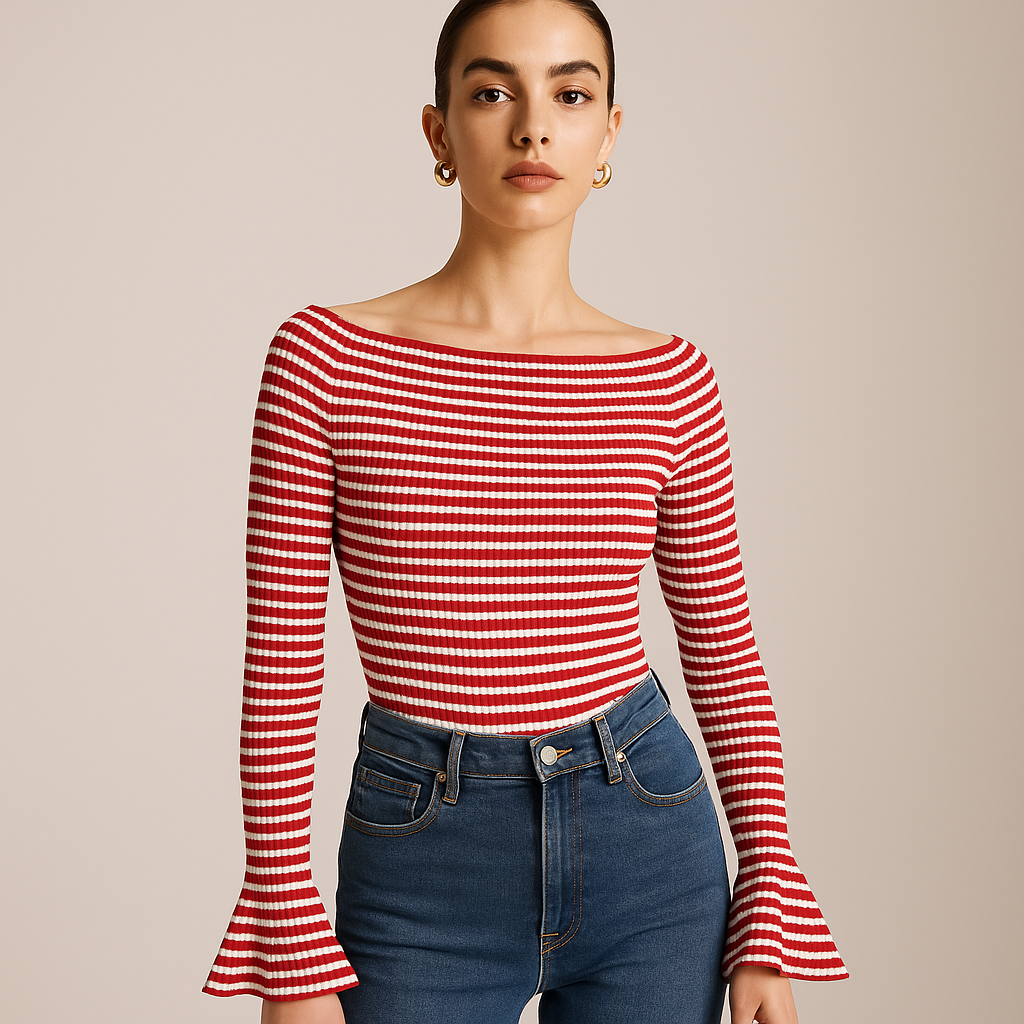 Haut Rayé en Maille Rib | Off-Shoulder | Manches Évasées