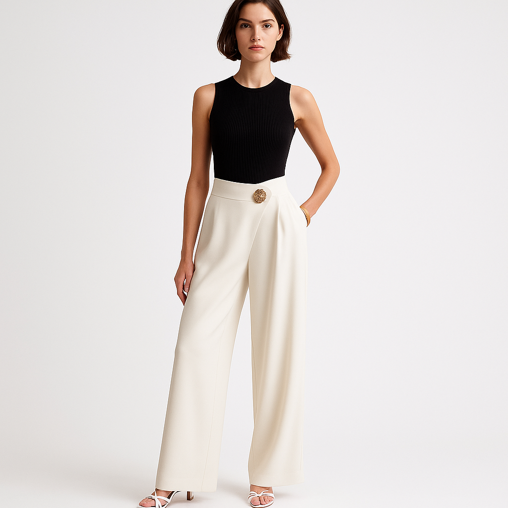 Pantalon Large Haut à Ceinture | Détail Bouton Or | Silhouette Fluide Raffinée