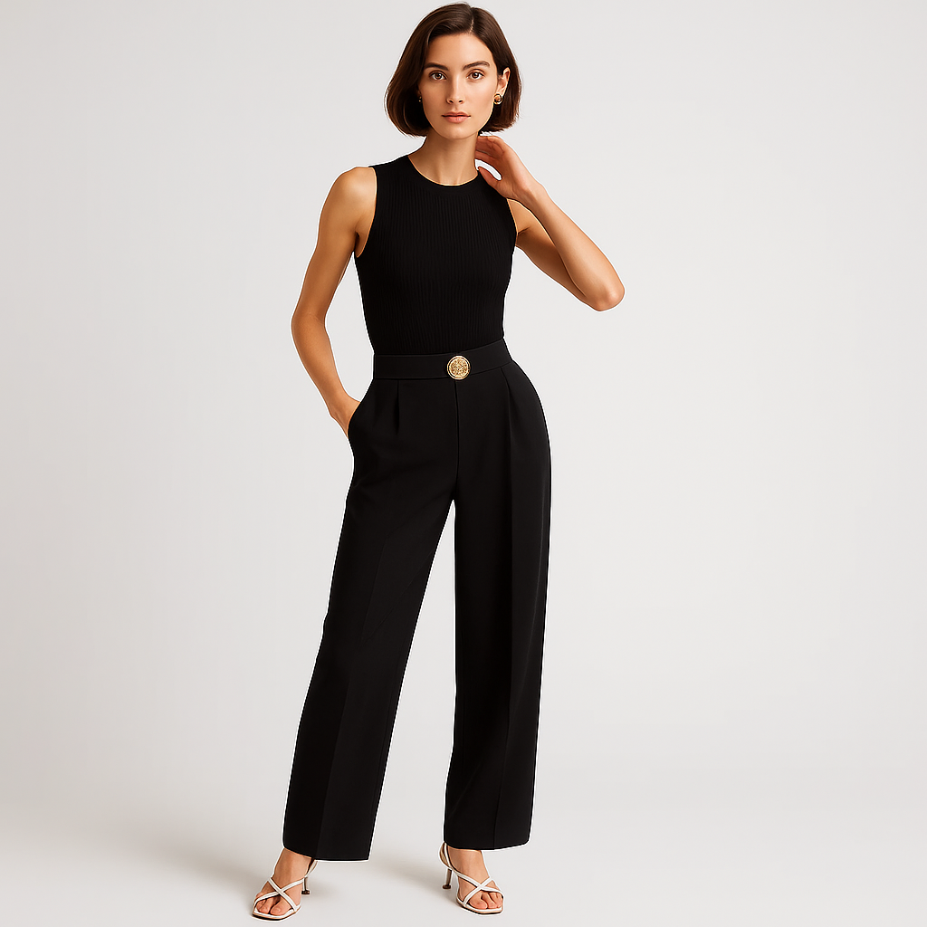 Pantalon Large Haut à Ceinture | Détail Bouton Or | Silhouette Fluide Raffinée