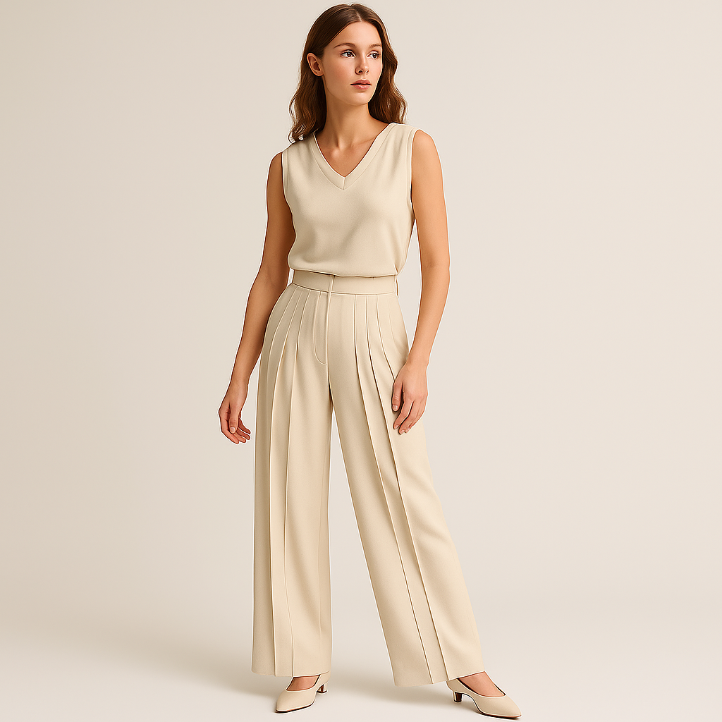 Pantalon Large Plissé Haut Taille | Beige