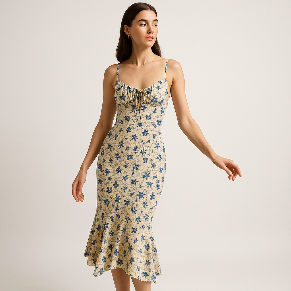 Robe Midi Florale | Imprimé Bleu | Silhouette Romantique