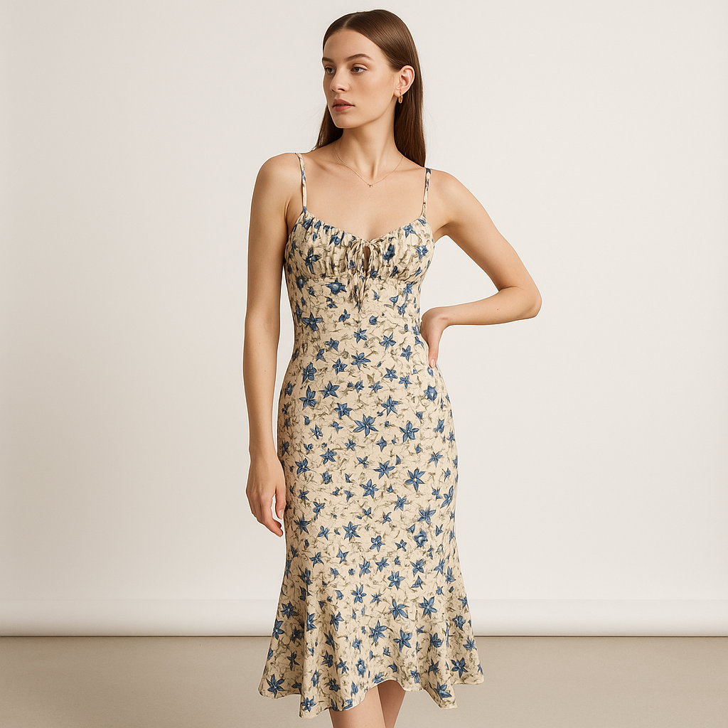 Robe Midi Florale | Imprimé Bleu | Silhouette Romantique