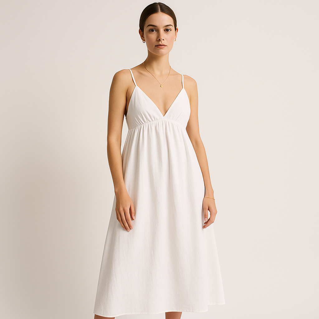 Robe Midi en Coton | Col V | Bretelles Ajustables