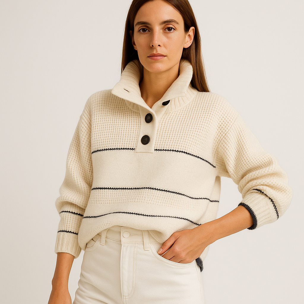 Pull Marine à Rayures avec Boutons | Coton Crème | Élégance Française