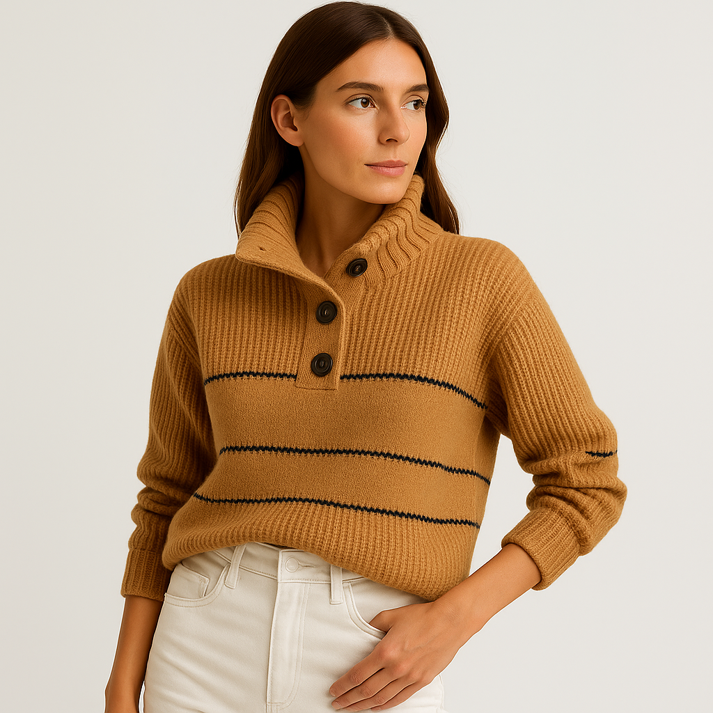 Pull Marine à Rayures avec Boutons | Coton Crème | Élégance Française