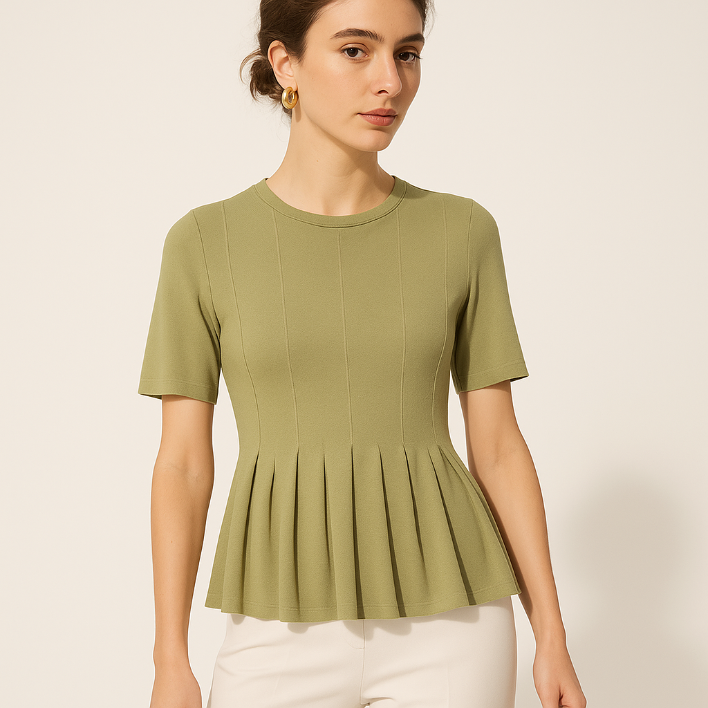 Top en maille avec ourlet plissé | Taille cintrée | Manche courte