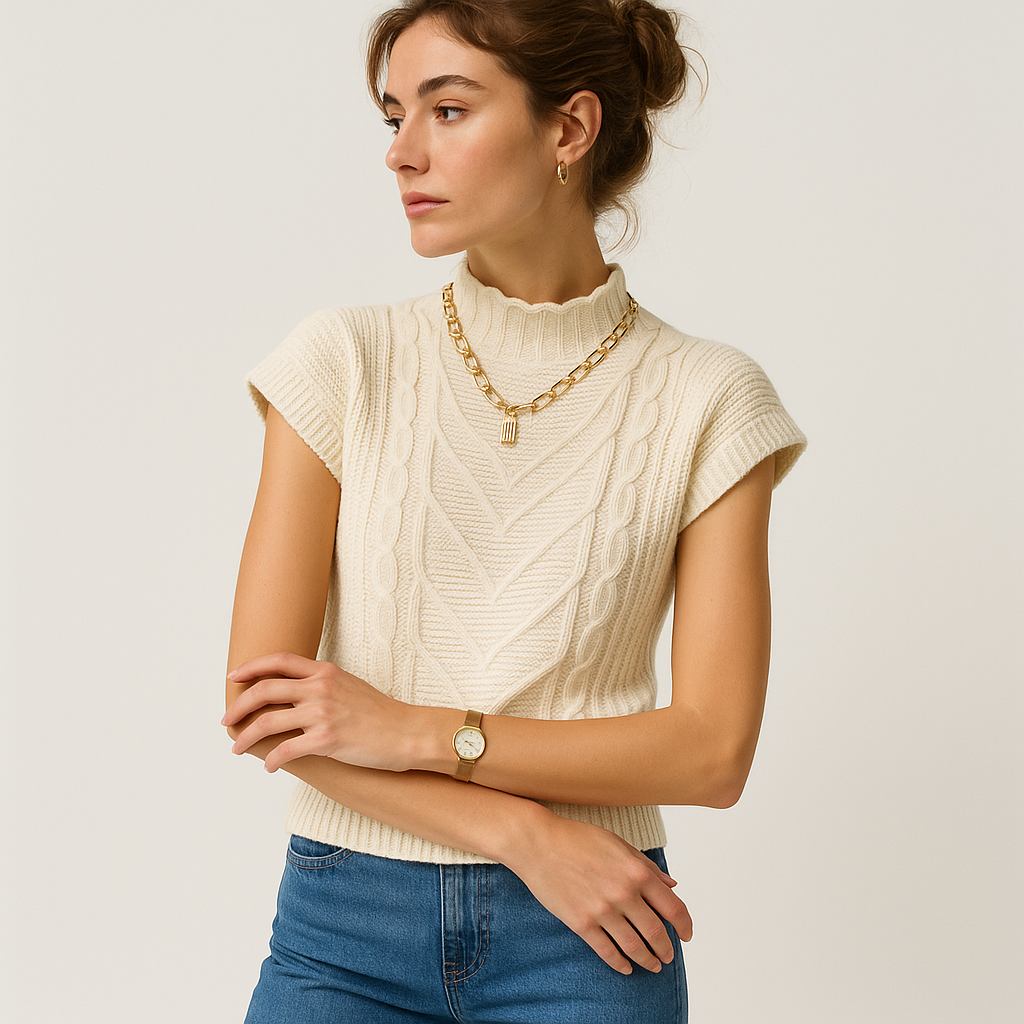 Pull Over Sans Manches en Maille Cable | Col Haut