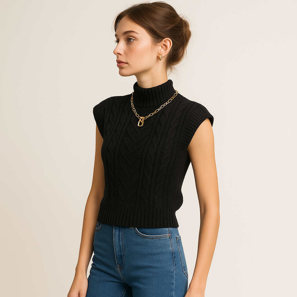Pull Over Sans Manches en Maille Cable | Col Haut