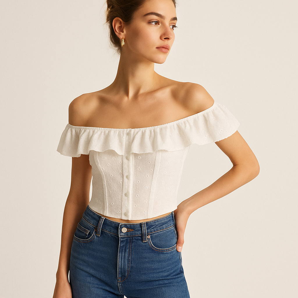 Top Corset Bardot en Broderie | Volants | Silhouette Ajustée