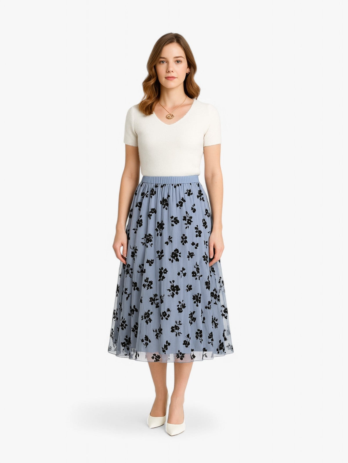 Jupe Midi Plissée | Superposition Mesh Floral | Silhouette A-line