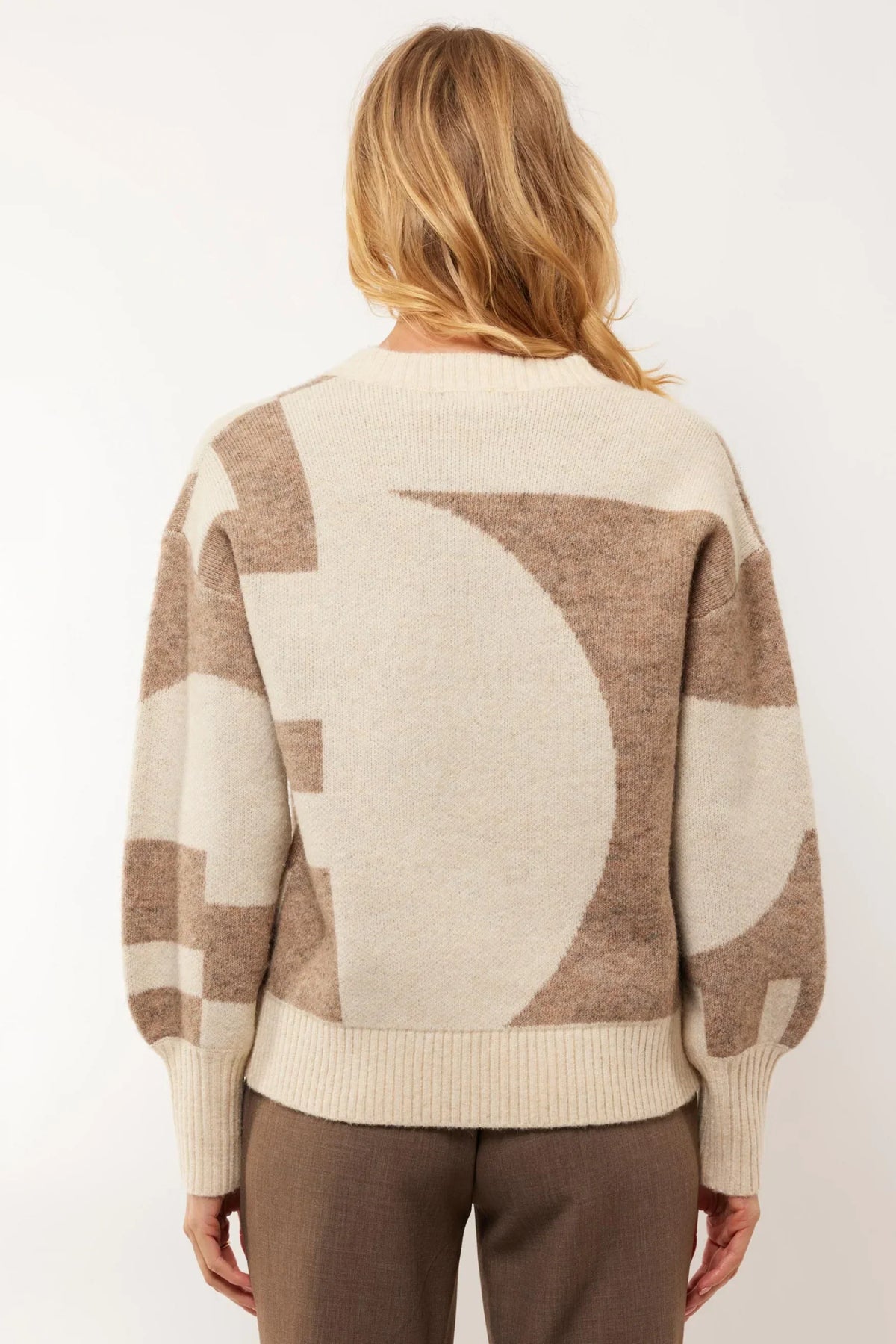Pull-over Géométrique en Tricot | V-Cou | Manches Ballon