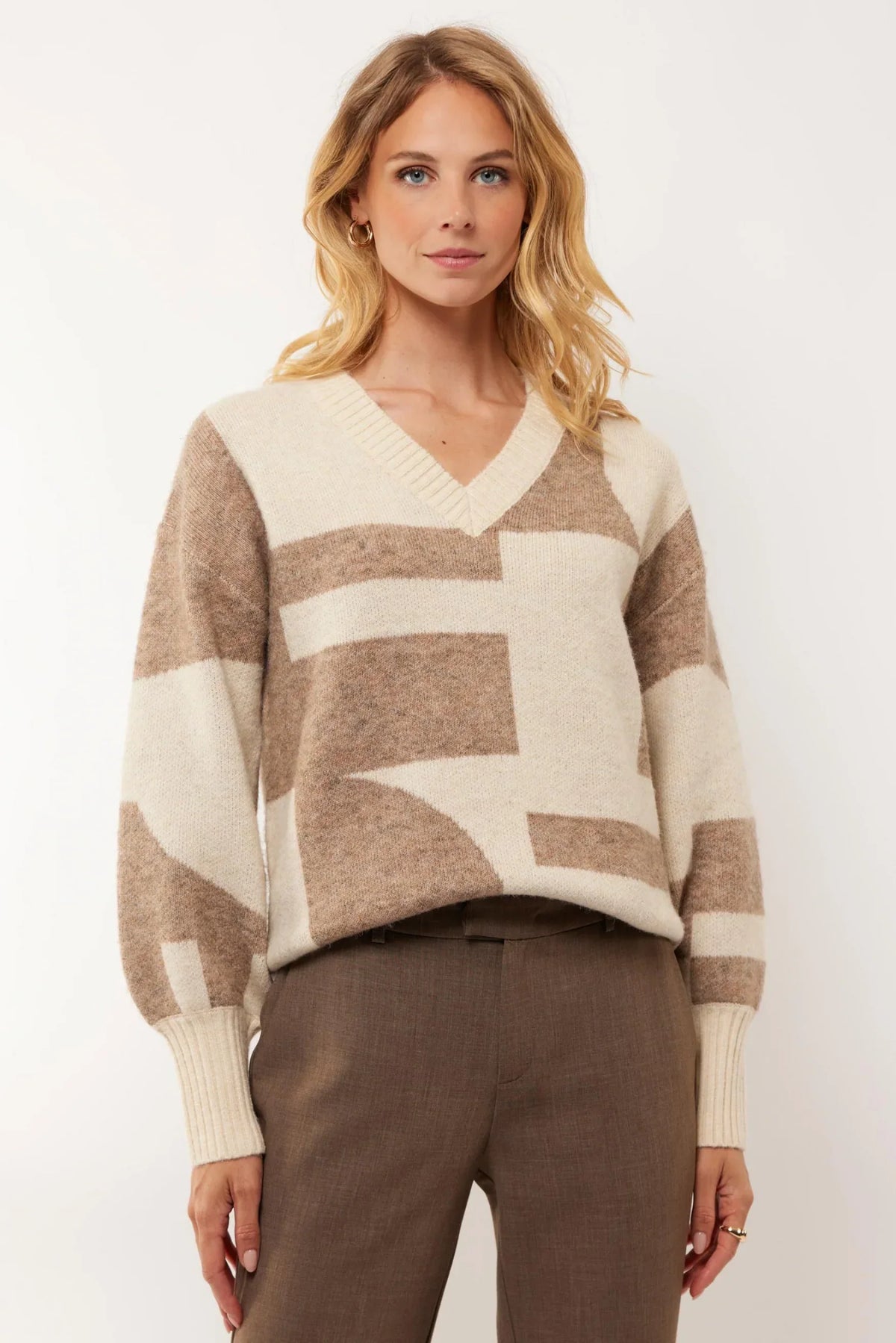 Pull-over Géométrique en Tricot | V-Cou | Manches Ballon