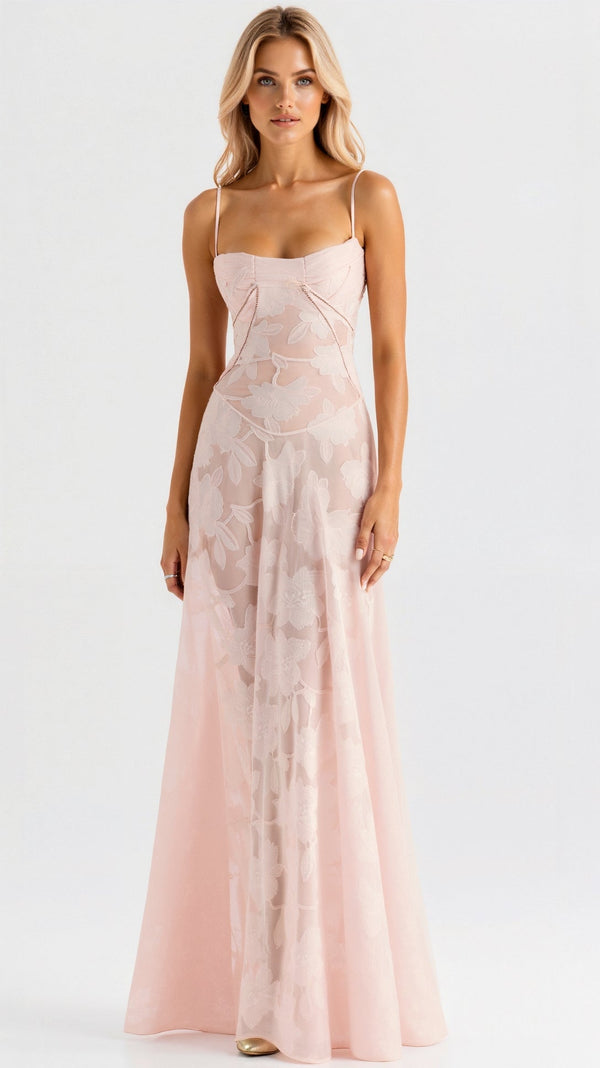 Robe Maxi Naya en Dentelle | Superposition Transparente | Bretelles Fines