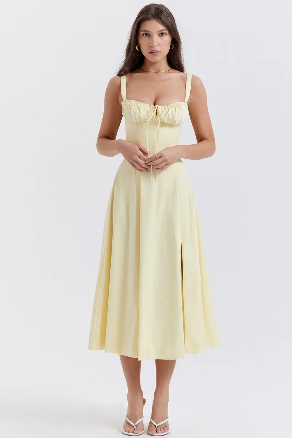 Robe Midi Florale Corsetée | Décolleté Coeur, Jupe Fendue, Bretelles Spaghetti