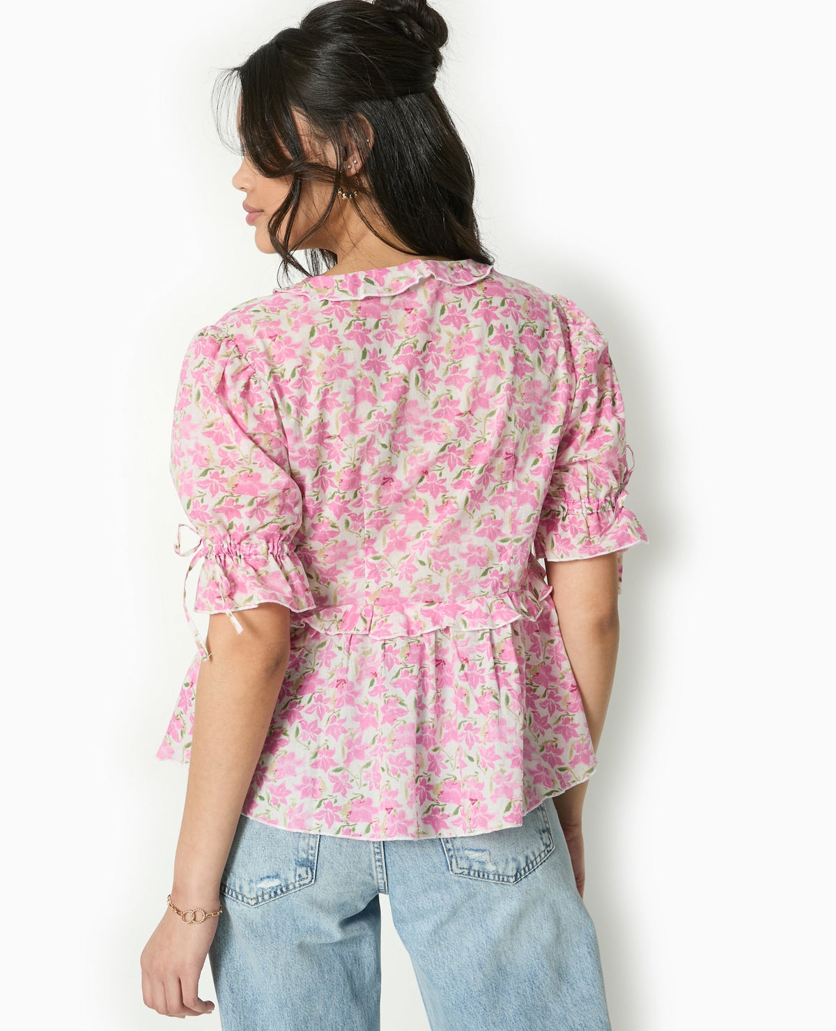 Blouse Florale Clarté | Col V Volants | Manches Ballon