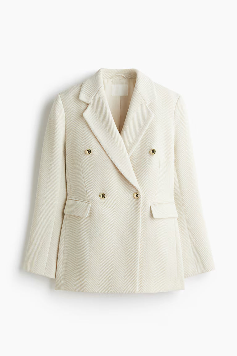Manteau Long en Mélange de Laine | Tissage Chevron | Double Boutonnage Boutons Or