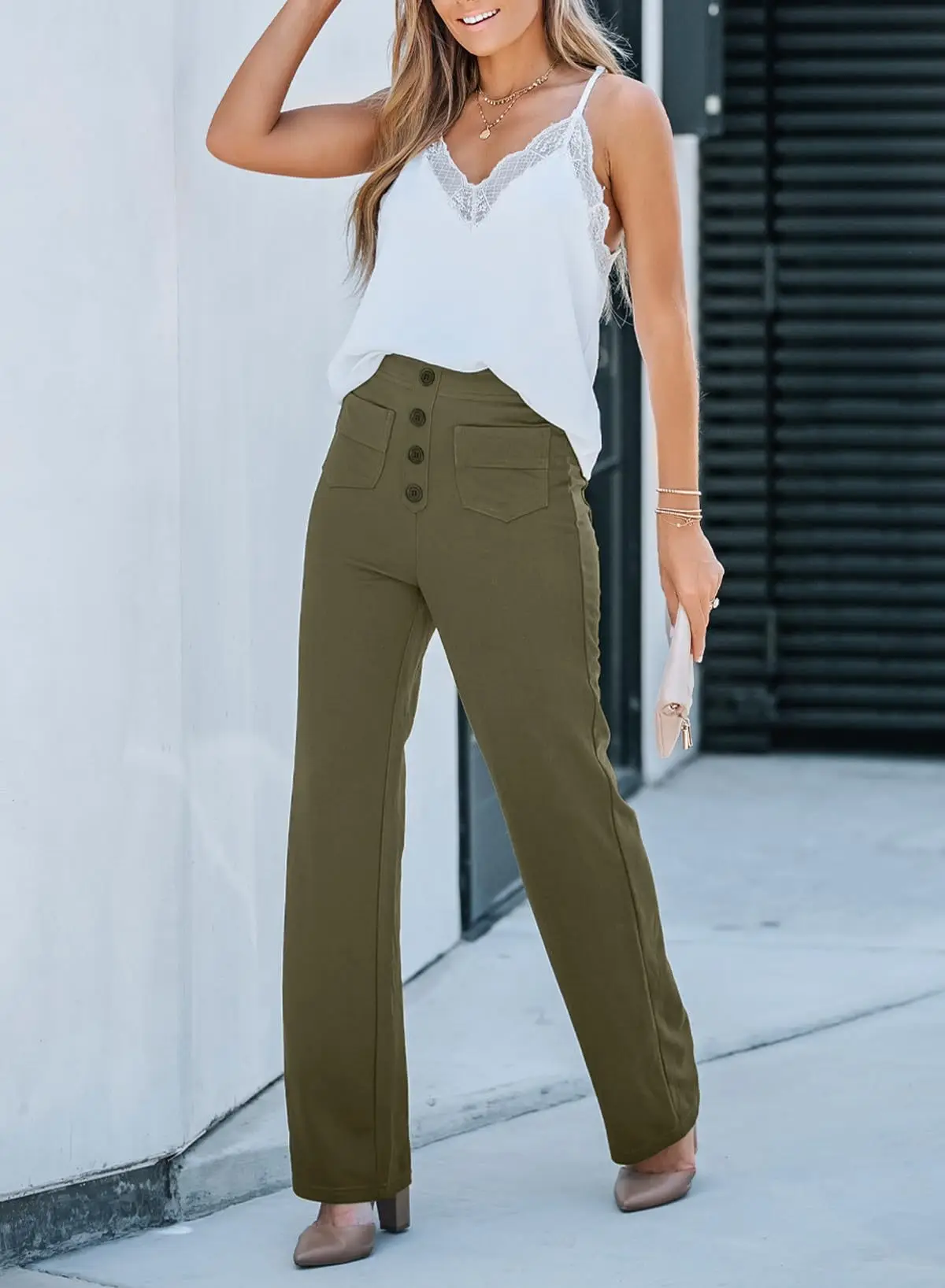 Pantalon Large Haute Taille avec Poches