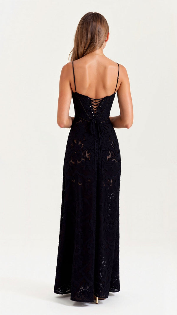 Robe Maxi Naya en Dentelle | Superposition Transparente | Bretelles Fines
