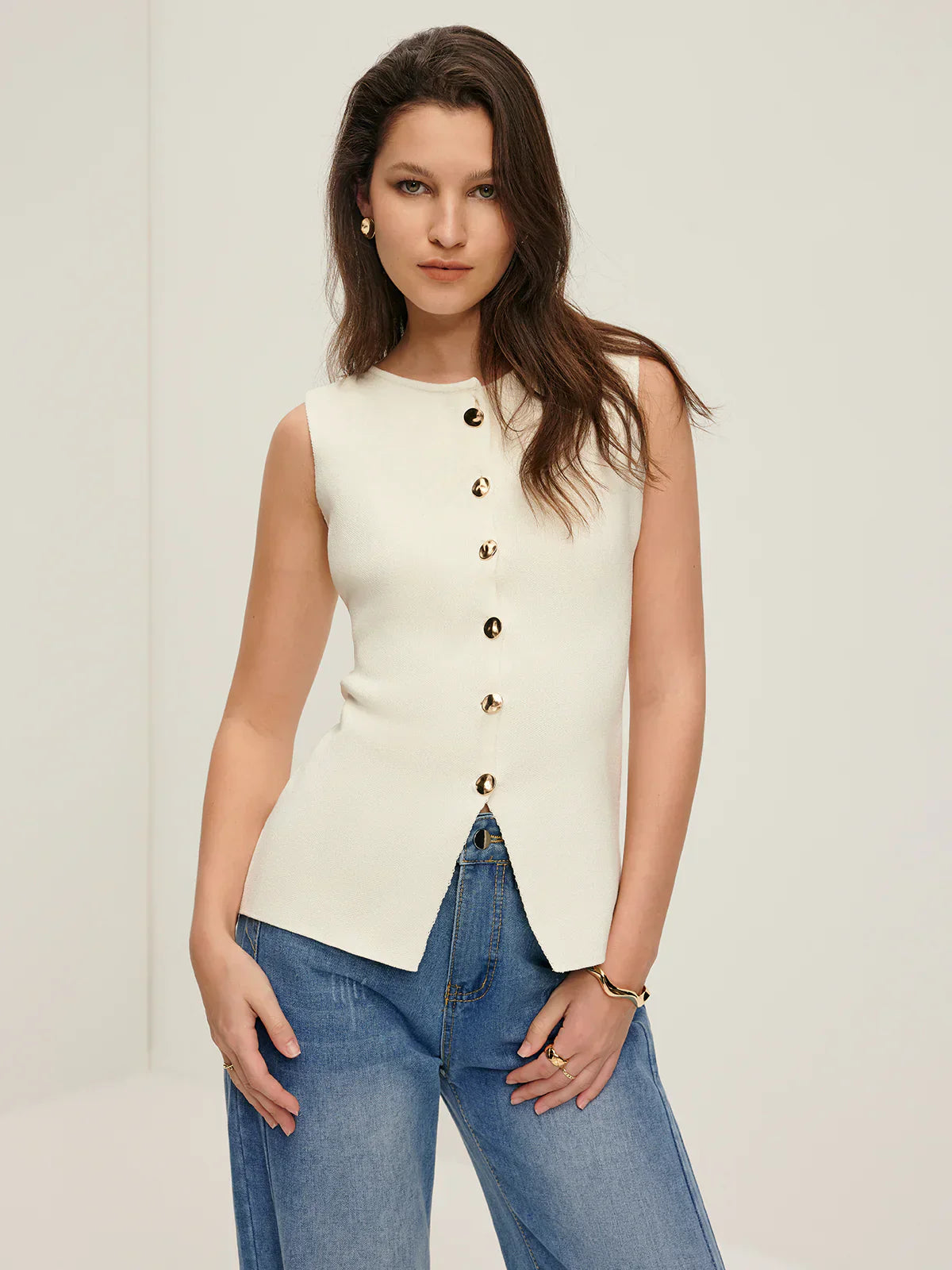 Gilet Tricot Métier | Boutons Devant | Ourlet Fendu