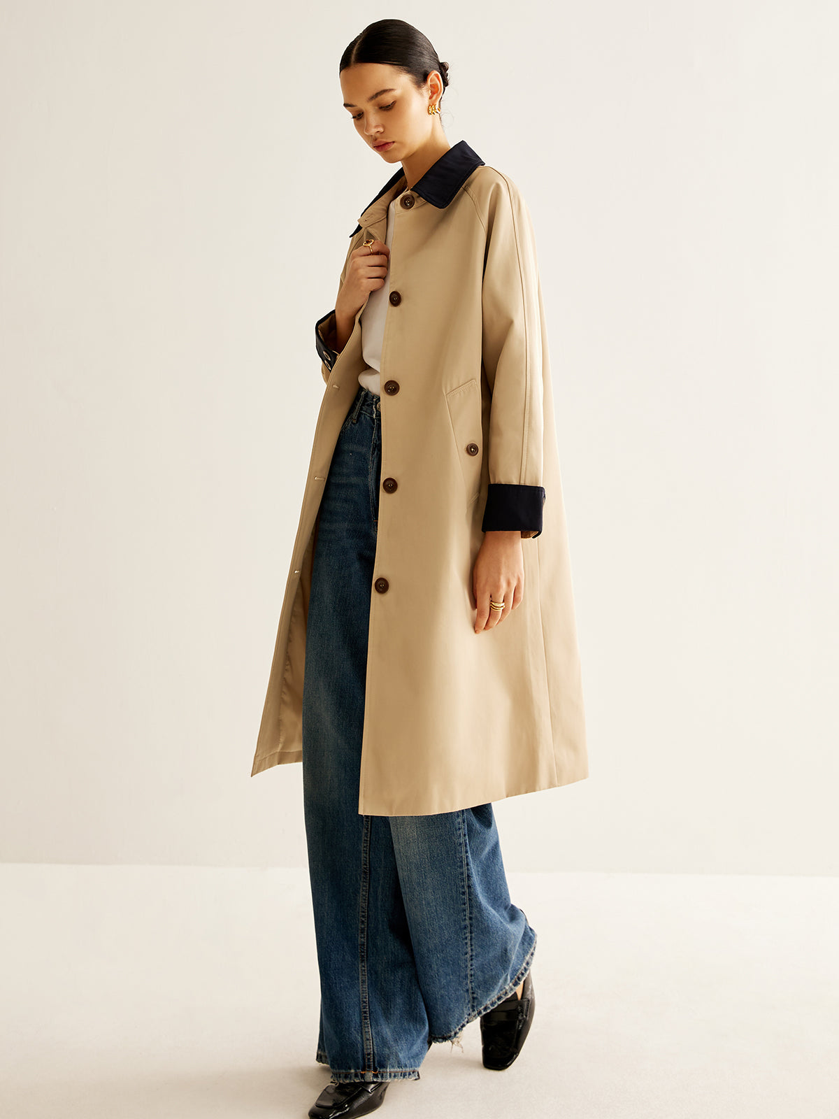 Manteau Trench Simple | Col Contrasté | Longueur Moyenne