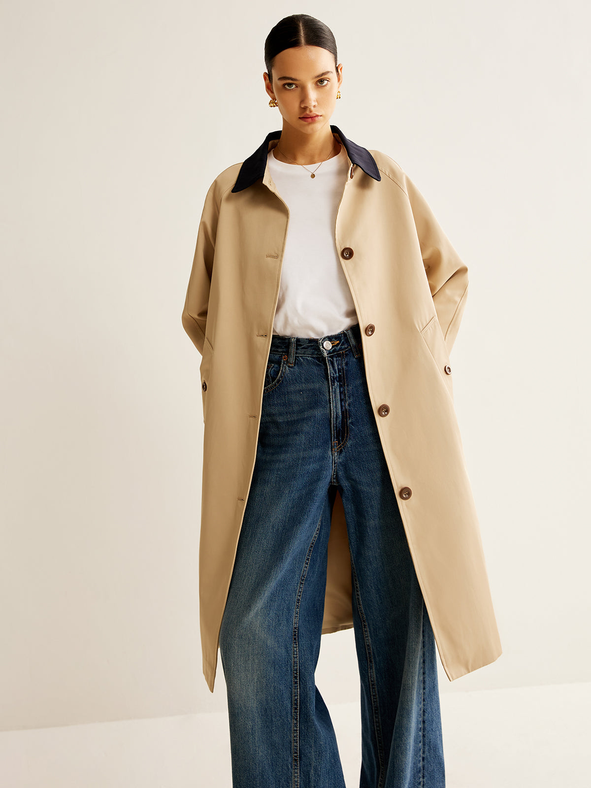 Manteau Trench Simple | Col Contrasté | Longueur Moyenne