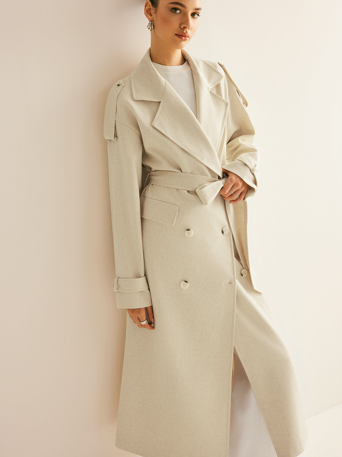 Manteau Long en Mélange de Laine | Double Boutonnage | Silhouette Ceinturée