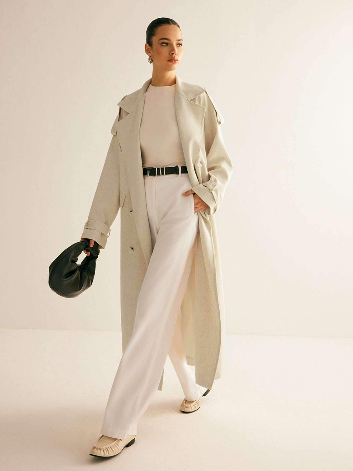 Manteau Long en Mélange de Laine | Double Boutonnage | Silhouette Ceinturée